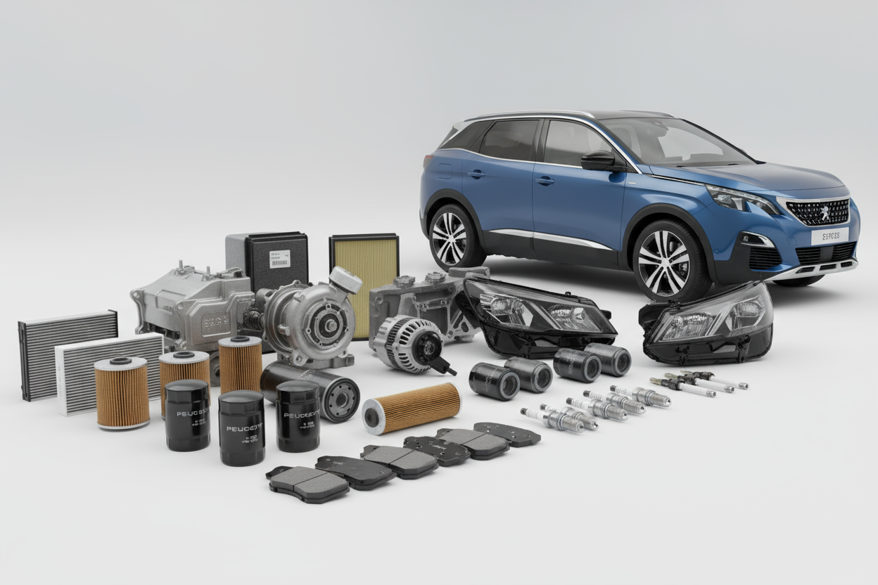 generate an image ofr peugeot car spare parts with car 3008 model